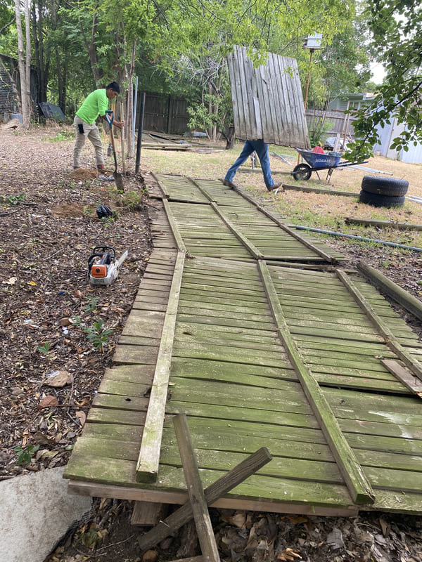 Two workers removing large wooden fence panels in a yard, with a chainsaw on the ground nearby.