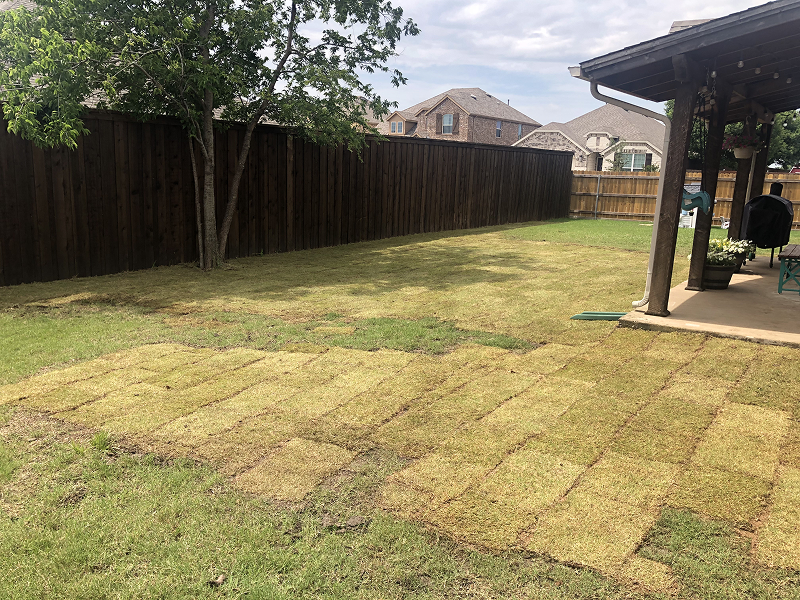 Backyard with a partially sodded lawn next to a wooden fence and a covered patio area with outdoor furniture and grill.