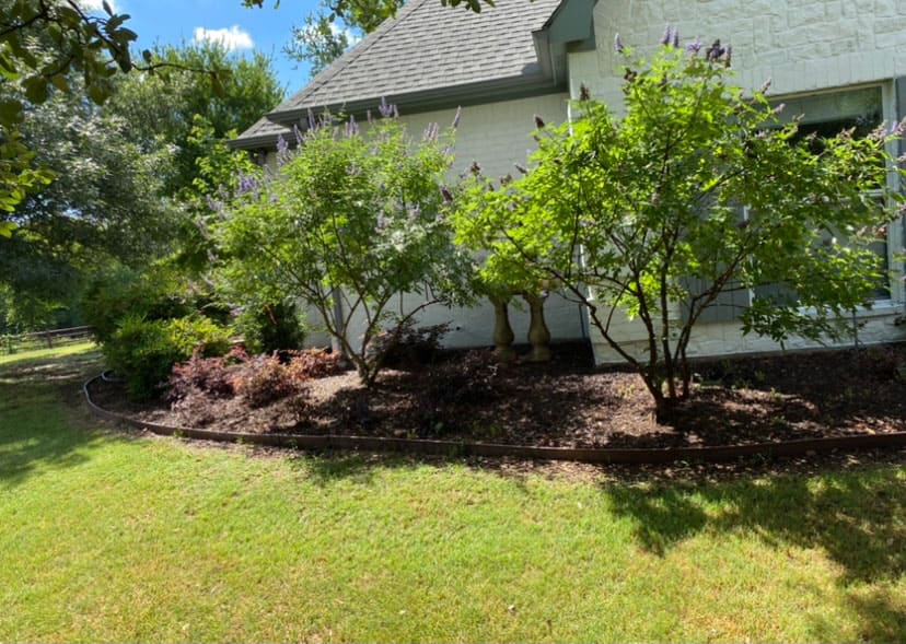 Curved flower bed with flowering shrubs and mulch alongside a white brick house under a sunny blue sky.