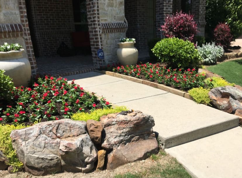 Concrete pathway leading to a brick and stone house entrance with flower beds of red blossoms and green shrubs bordered by large rocks.