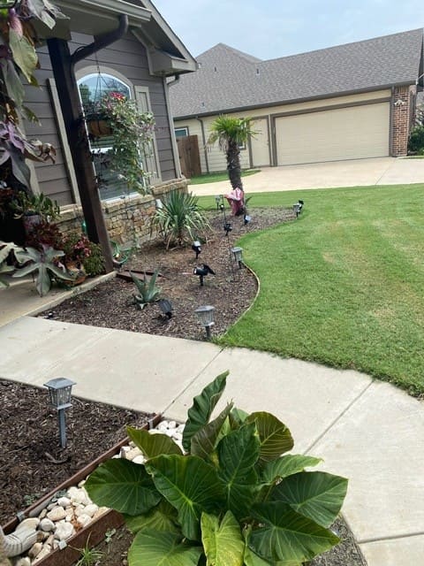 Front yard garden with a curved flower bed along the sidewalk, featuring green plants, decorative rocks, solar garden lights, and a small palm tree near a house with a stone facade.