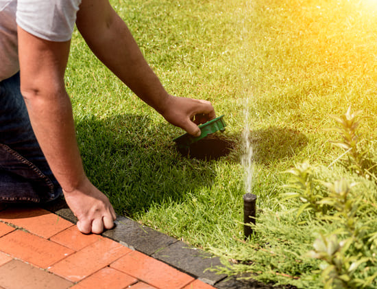 Person installing or adjusting a sprinkler head in a green lawn next to a brick and stone pathway.