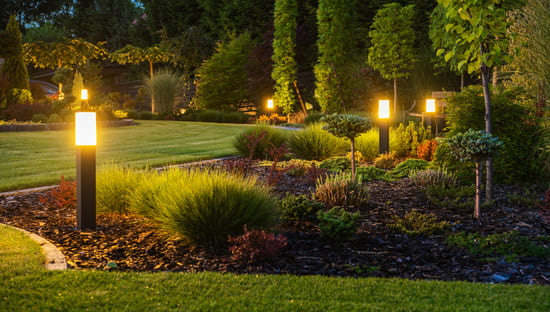 Lit pathway garden lights illuminating a landscaped yard with shrubs and trees at dusk.