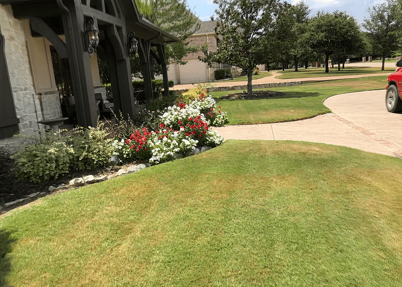 Front yard with green grass, flower bed with red and white flowers, front porch with dark wooden pillars, and a curved driveway leading to houses.