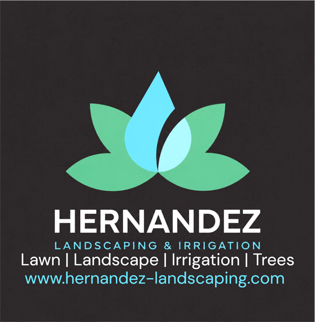 Hernandez Landscaping & Irrigation logo with blue water drop and green leaves on black background.